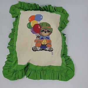 Handmade Pillow Counted Cross Stitch Bear Holding Balloons 15" x 12" Green 1985